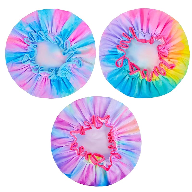 OlyPegic Kids Shower Cap, 3 Pcs Girls Shower Cap for Kids Reusable Waterproof Adjustable Large Hair Cap Unicorn Tie Dye Cute Hair Cover Hat - Image 2